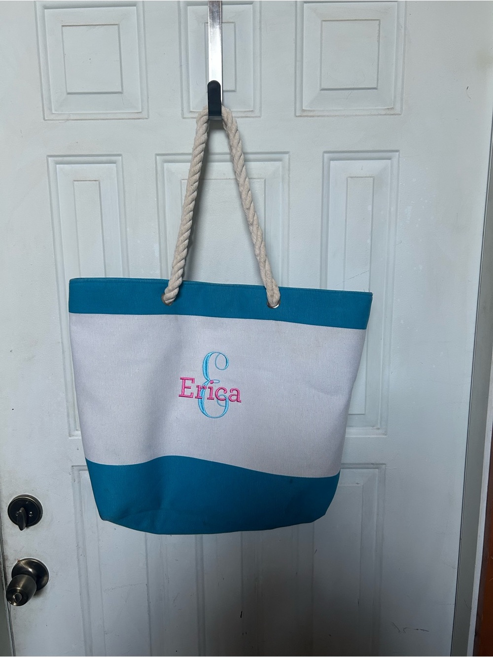Personalized Erica Canvas Tote Bag in Teal and White